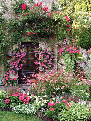 Tuinposter van Bloemen tuin met omgroeide deur