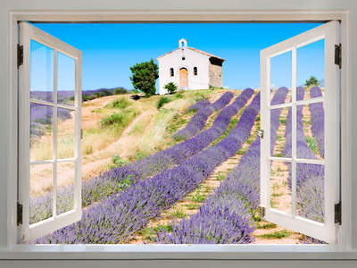 Tuinposter van Raamkozijn lavendel veld