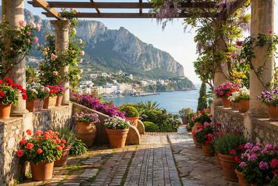 Tuinposter van Italiaans doorkijkje met bloemen