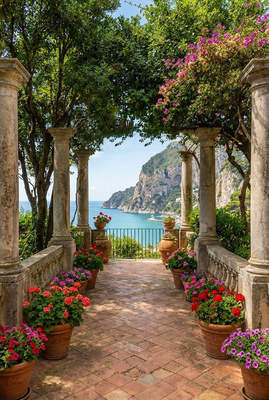 Tuinposter van Italiaans bloeiend terras met zeezicht