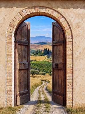 Tuinposter van Rustieke deur naar Toscaans landschap