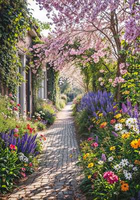 Tuinposter Bloeiende tuinpad met lentebloesem