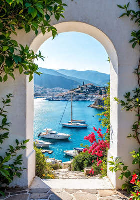 Tuinposter van Mediterrane haven door stenen boog
