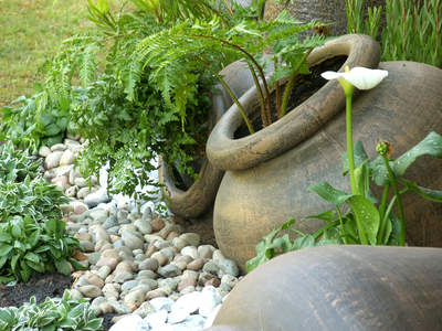 Tuinposter van Stenen kruiken met varens